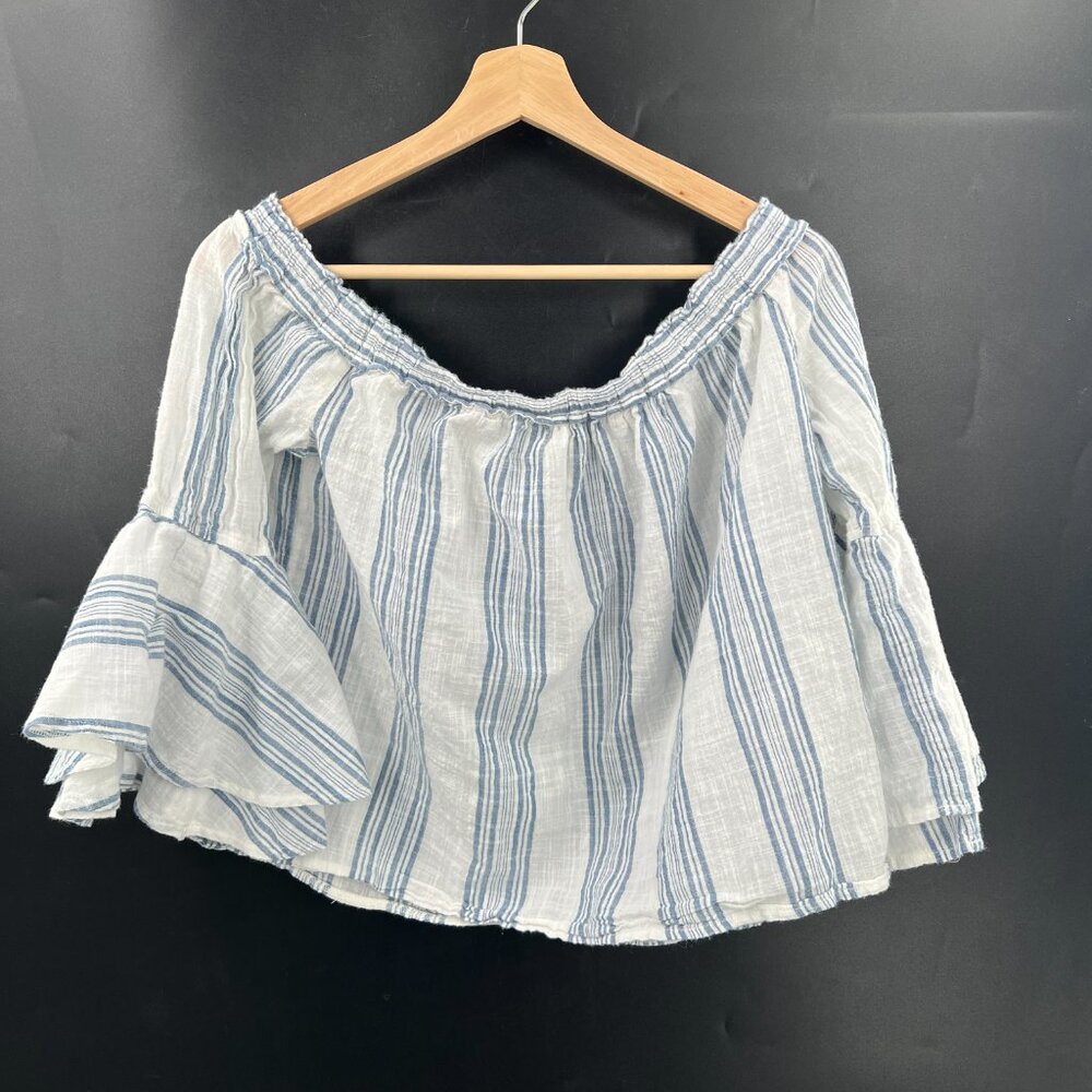 Lucky Brand bell sleeve off the shoulder cotton crop top beachy coastal blue M - Picture 9 of 11